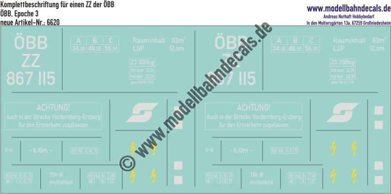 Nass-Schiebebilder: Güterwagen-Komplettbeschriftung ZZ, ÖBB, Epoche 3. Artikel-Nummer: 6620
