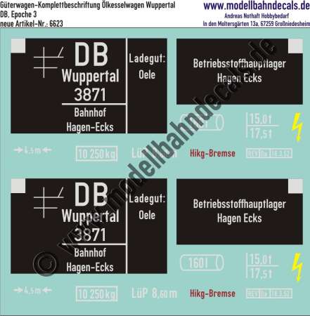 Nass-Schiebebilder: Kesselwagen-Komplettbeschriftung 160 hl, Ölwagen Betriebsstoffhauptlager Hagen-Ecks; DB, Epoche 3. Artikel-Nummer: 6623
