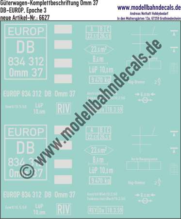 Nass-Schiebebilder: Güterwagen-Komplettbeschriftung Omm 37 - DB-EUROP, Epoche 3. Artikel-Nummer: 6627