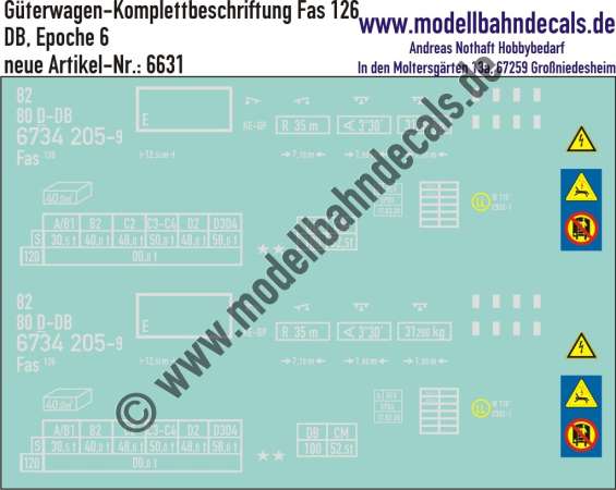Nass-Schiebebilder: Güterwagen-Komplettbeschriftung Fas 126, DB, Epoche 4. Artikel-Nummer: 6631
