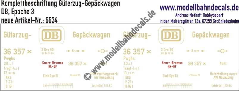 Nass-Schiebebilder: Güterzug-Gepäckwagen Komplettbeschriftung, DB, Epoche 3. Artikel-Nummer: 6634