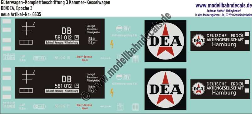 Nass-Schiebebilder: 3-Kammer Kesselwagen-Komplettbeschriftung 200 hl, DB, Epoche 3. Artikel-Nummer: 6635