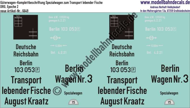 Nass-Schiebebilder: Güterwagen-Komplettbeschriftung Spezialwagen zum Transport lebender Fische, DRG, Epoche 2. Artikel-Nummer: 6649