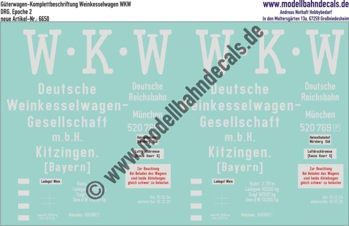 Nass-Schiebebilder: Güterwagen-Komplettbeschriftung Weinkesselwagen WKW, DRG, Epoche 2. Artikel-Nummer: 6650