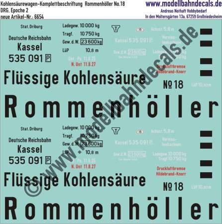 Nass-Schiebebilder: Kohlensäurewagen-Komplettbeschriftung Rommenhöller No. 18, DRG, Epoche 2. Artikel-Nummer: 6654