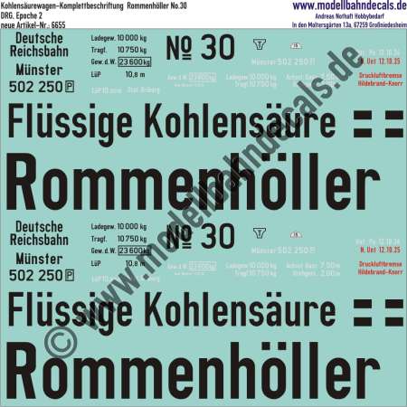 Nass-Schiebebilder: Kohlensäurewagen-Komplettbeschriftung Rommenhöller No. 30, DRG, Epoche 2. Artikel-Nummer: 6655
