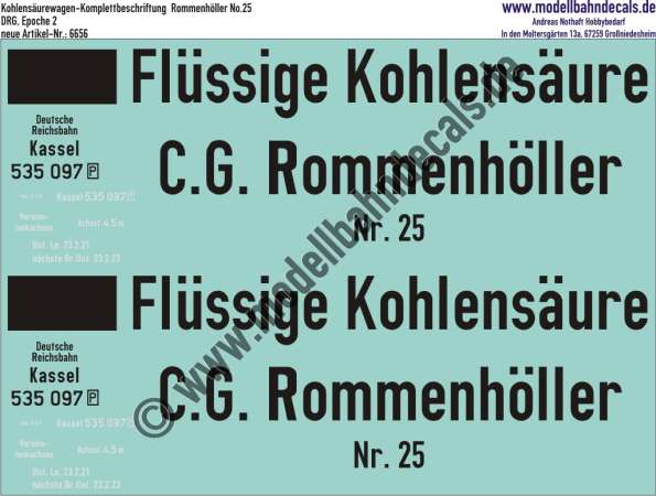 Nass-Schiebebilder: Kohlensäurewagen-Komplettbeschriftung Rommenhöller No. 25, DRG, Epoche 2. Artikel-Nummer: 6656