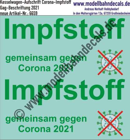 Nass-Schiebebilder: Gag-Beschriftung Corona-Impfstoff für Kessel- oder Kühlwagen, Epoche 6, Artikel-Nr. 6659