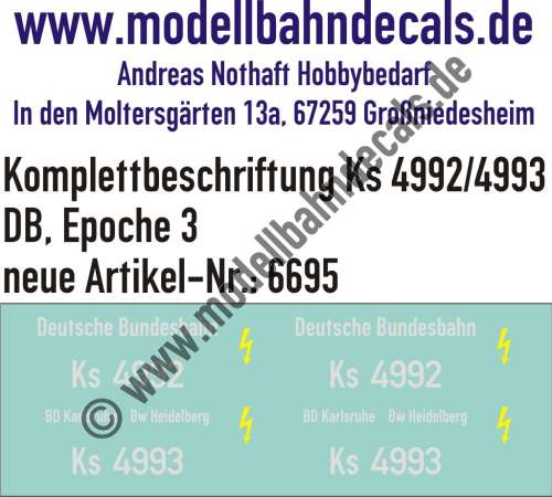 Nass-Schiebebilder: Lok-Komplettbeschriftung Ks 4992/4993, DB, Epoche 3. Artikel-Nummer: 6695