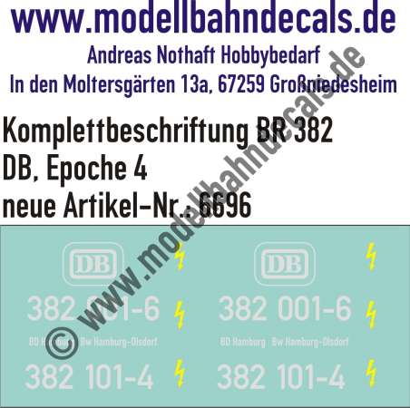 Nass-Schiebebilder: Lok-Komplettbeschriftung BR 382, DB, Epoche 4. Artikel-Nummer: 6696
