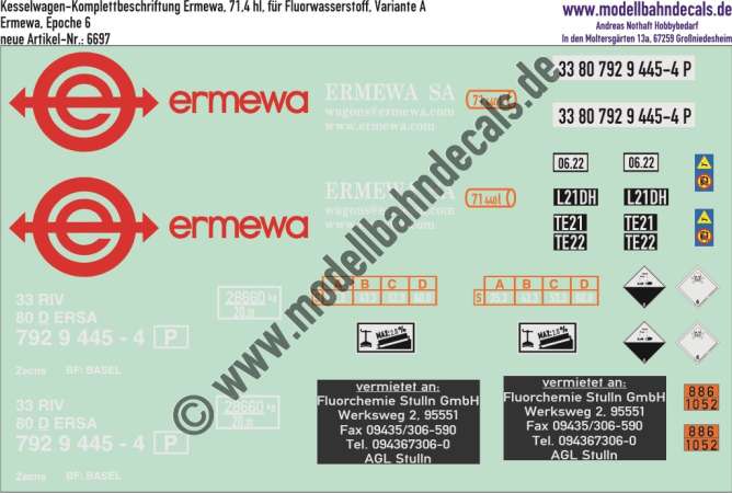 Nass-Schiebebilder: Kesselwagen-Komplettbeschriftung Ermewa, 71,4 hl, für Fluorwasserstoff, Variante A, Epoche 6, Artikel-Nummer: 6697