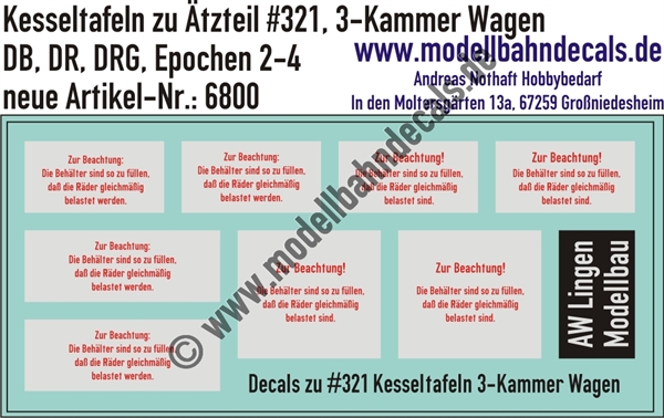 "Nass-Schiebebilder: Kesseltafeln für 3-Kammer-Wagen (Liliput) - passend zu Ätzteil #321 vonAW Lingen, DRG, DB, DR, Epochen 2-4. Artikel-Nummer: 6800"