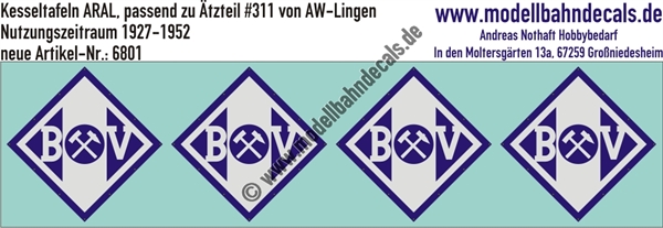 "Nass-Schiebebilder: Kesseltafeln mit Schrauben-Andeutungen für ARAL-Kesselwagen - passend zu Ätzteil #311 von AW Lingen, Nutzungszeitraum 1927-1952. Artikel-Nummer: 6801"