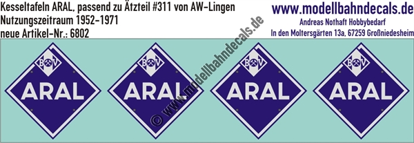 "Nass-Schiebebilder: Kesseltafeln mit Schrauben-Andeutungen für ARAL-Kesselwagen - passend zu Ätzteil #311 von AW Lingen, Nutzungszeitraum 1952-1971. Artikel-Nummer: 6802"