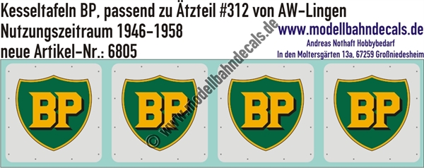 "Nass-Schiebebilder: Kesseltafeln mit Schrauben-Andeutungen für BP-Kesselwagen - passend zu Ätzteil #312 von AW Lingen, Nutzungszeitraum 1946-1958. Artikel-Nummer: 6805"