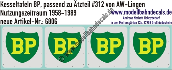 "Nass-Schiebebilder: Kesseltafeln mit Schrauben-Andeutungen für BP-Kesselwagen - passend zu Ätzteil #312 von AW Lingen, Nutzungszeitraum 1958-1989. Artikel-Nummer: 6806"