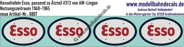 "Nass-Schiebebilder: Kesseltafeln mit Schrauben-Andeutungen für Esso-Kesselwagen - passend zu Ätzteil #313 von AW Lingen, Nutzungszeitraum 1949-1965. Artikel-Nummer: 6807"