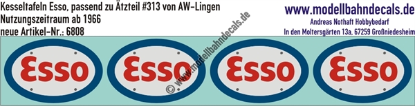 "Nass-Schiebebilder: Kesseltafeln mit Schrauben-Andeutungen für Esso-Kesselwagen - passend zu Ätzteil #313 von AW Lingen, Nutzungszeitraum ab 1966. Artikel-Nummer: 6808"