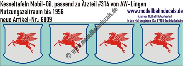 "Nass-Schiebebilder: Kesseltafeln mit Schrauben-Andeutungen für MobilOil-Kesselwagen - passend zu Ätzteil #314 von AW Lingen, Nutzungszeitraum bis 1955. Artikel-Nummer: 6809"