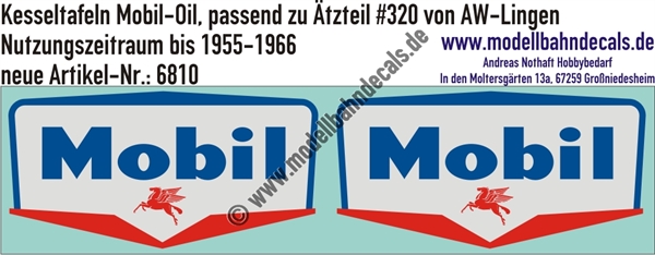 "Nass-Schiebebilder: Kesseltafeln mit Schrauben-Andeutungen für MobilOil-Kesselwagen - passend zu Ätzteil #320 von AW Lingen, Nutzungszeitraum 1955-1966. Artikel-Nummer: 6810"