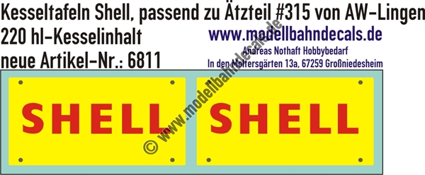 Nass-Schiebebilder: Kesseltafeln mit Schrauben-Andeutungen für 220 hl Shell-Kesselwagen - passend zu Ätzteil #315 von AW Lingen. Artikel-Nummer: 6811