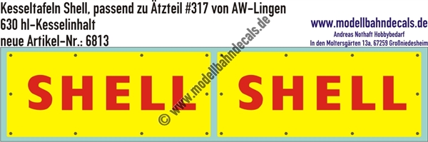 Nass-Schiebebilder: Kesseltafeln mit Schrauben-Andeutungen für 630 hl Shell-Kesselwagen - passend zu Ätzteil #317 von AW Lingen. Artikel-Nummer: 6813