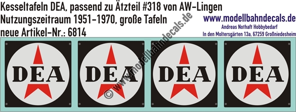 "Nass-Schiebebilder: Kesseltafeln mit Schrauben-Andeutungen für DEA-Kesselwagen (große Tafeln) - passend zu Ätzteil #318 von AW Lingen, Nutzungszeitraum 1951-1970. Artikel-Nummer: 6814"