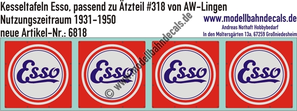 "Nass-Schiebebilder: Kesseltafeln mit Schrauben-Andeutungen für Esso Kesselwagen - passend zu Ätzteil #318 von AW Lingen, Nutzungszeitraum 1931-1950. Artikel-Nummer: 6818"