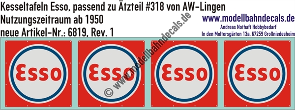 "Nass-Schiebebilder: Kesseltafeln mit Schrauben-Andeutungen für Esso Kesselwagen - passend zu Ätzteil #318 von AW Lingen, Nutzungszeitraum ab 1950. Artikel-Nummer: 6819"