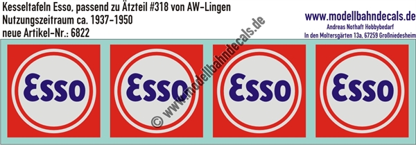 "Nass-Schiebebilder: Kesseltafeln mit Schrauben-Andeutungen für Esso Kesselwagen - passend zu Ätzteil #318 von AW Lingen, Nutzungszeitraum ca. 1937-1950. Artikel-Nummer: 6822"
