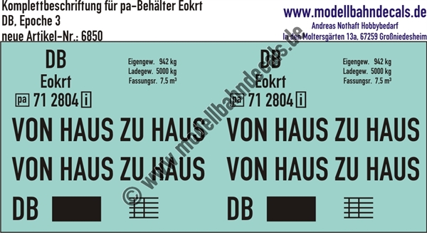 Nass-Schiebebilder: Beschriftungen für 1 pa-Behälter Eokrt der DB - Von Haus zu Haus; DB - Epoche 3. Artikel-Nummer: 6850