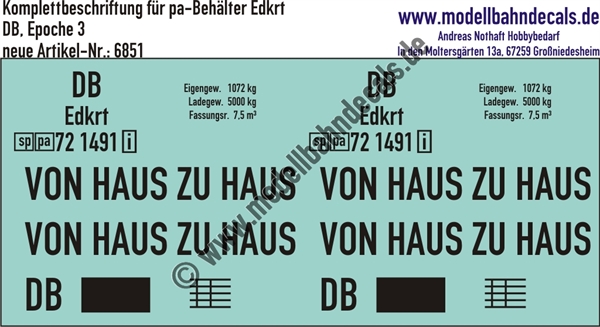 Nass-Schiebebilder: Beschriftungen für 1 pa-Behälter Edkrt der DB - Von Haus zu Haus; DB - Epoche 3. Artikel-Nummer: 6851