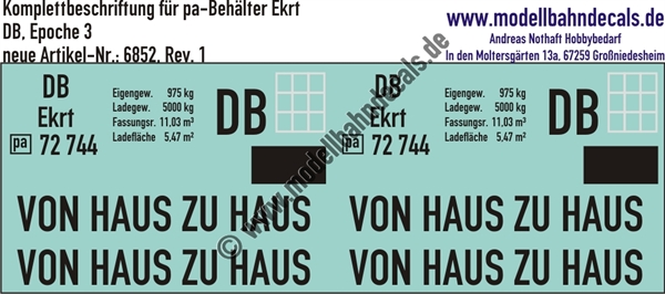 Nass-Schiebebilder: Beschriftungen für 1 pa-Behälter Ekrt der DB - Von Haus zu Haus; DB - Epoche 3. Artikel-Nummer: 6852
