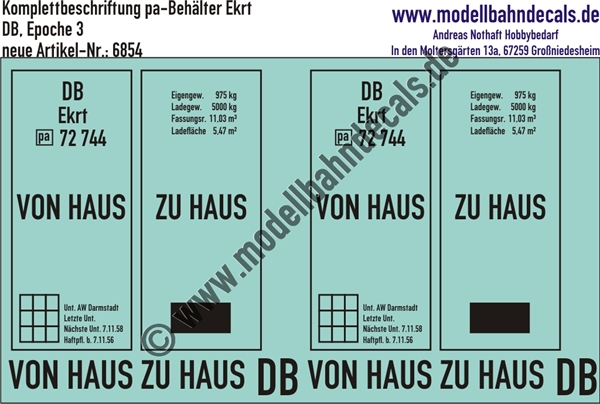 Nass-Schiebebilder: Beschriftungen für 1 pa-Behälter Ekrt der DB - Von Haus zu Haus; DB - Epoche 3. Artikel-Nummer: 6854