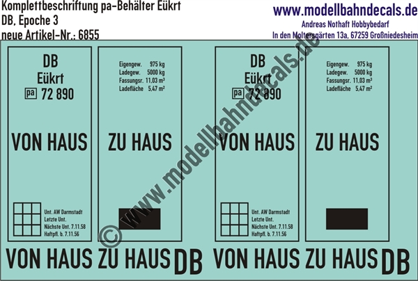 Nass-Schiebebilder: Beschriftungen für 1 pa-Behälter Eükrt der DB - Von Haus zu Haus; DB - Epoche 3. Artikel-Nummer: 6855