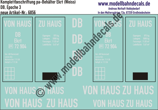 Nass-Schiebebilder: Beschriftungen für 1 pa-Behälter Ekrt der DB - Von Haus zu Haus; DB - Epoche 3 (Weiss). Artikel-Nummer: 6856
