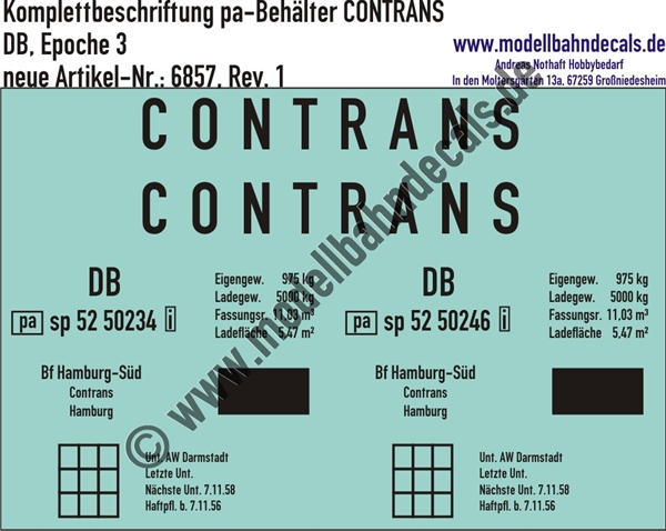 Nass-Schiebebilder: Beschriftungen für 1 pa-Behälter CONTRANS der DB - Von Haus zu Haus; DB - Epoche 3. Artikel-Nummer: 6857