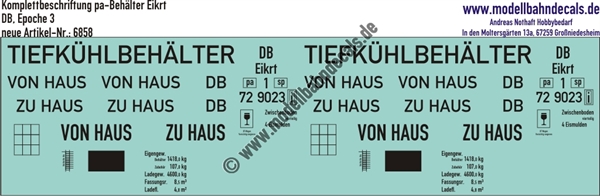 Nass-Schiebebilder: Beschriftungen für 1 pa-Behälter Eikrt (Tiefkühlbehälter) der DB - Von Haus zu Haus; DB - Epoche 3. Artikel-Nummer: 6858