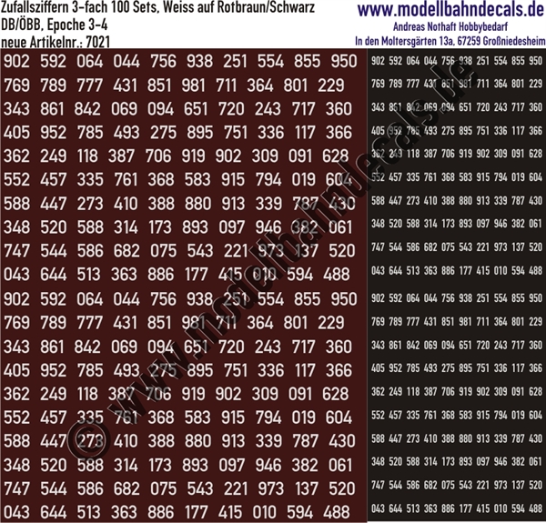 "Nass-Schiebebilder: 100 Ziffern-Sets (Zufallszahlen), 4-fach (2 gross, 2 klein) Weiss auf Rotbraun/Schwarz, Epoche 3 DB. Artikel-Nummer: 7021"