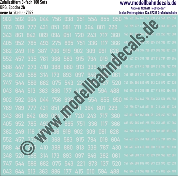 "Nass-Schiebebilder: 100 Ziffern-Sets (Zufallszahlen), 4-fach (2 gross, 2 klein) Weiss, Epoche 2b, DRG, Ziffernhöhe 120 mm, DIN-Schrift. Artikel-Nummer: 7022"