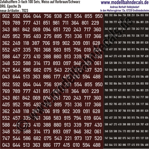 "Nass-Schiebebilder: 100 Ziffern-Sets (Zufallszahlen), 4-fach (2 gross, 2 klein) Weiss auf Rotbraun/Schwarz, Epoche 2b DRG, Ziffernhöhe 120 mm, DIN-Schrift. Artikel-Nummer: 7023"