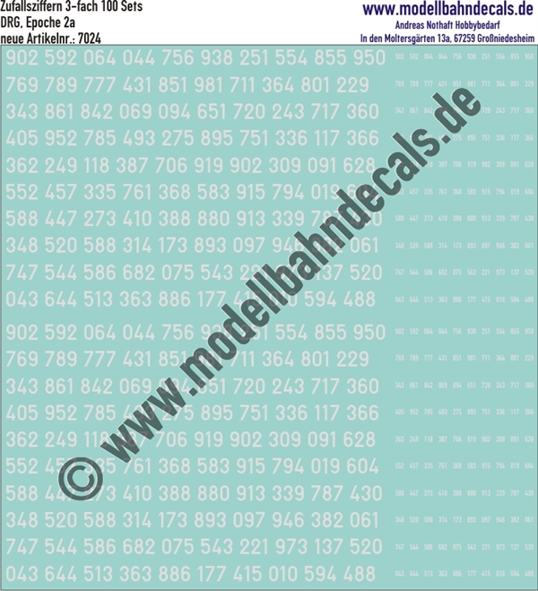 "Nass-Schiebebilder: 100 Ziffern-Sets (Zufallszahlen), 4-fach (2 gross, 2 klein) Weiss, Epoche 2a, DRG, Ziffernhöhe 133 mm preuss. Schrift. Artikel-Nummer: 7024"