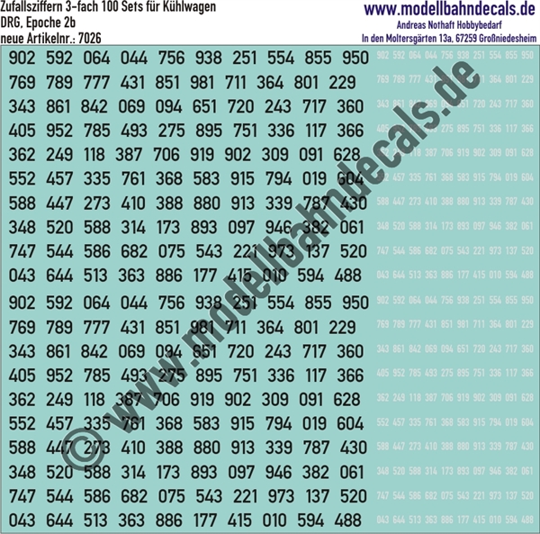"Nass-Schiebebilder: 100 Ziffern-Sets (Zufallszahlen), 4-fach (2 gross Schwarz, 2 klein Weiss) für Kühlwagen, Epoche 2b, DRG, Ziffernhöhe 120 mm, DIN-Schrift. Artikel-Nummer: 7026"