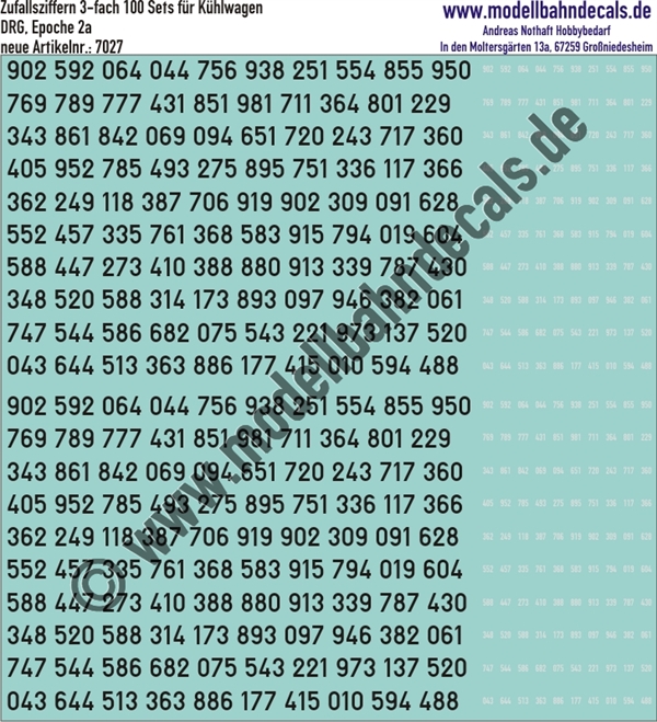 "Nass-Schiebebilder: 100 Ziffern-Sets (Zufallszahlen), 4-fach (2 gross Schwarz, 2 klein Weiss) für Kühlwagen, Epoche 2a, DRG, Ziffernhöhe 133 mm preuss. Schrift. Artikel-Nummer: 7027"