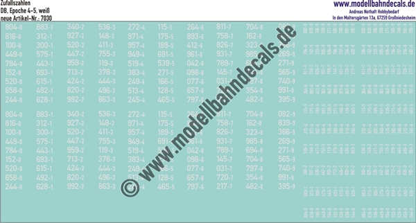 "Nass-Schiebebilder: 100 Ziffern-Sets (Zufallszahlen), 4-fach (2 gross, 2 klein) Weiss, Epoche 4 DB. Artikel-Nummer: 7030"