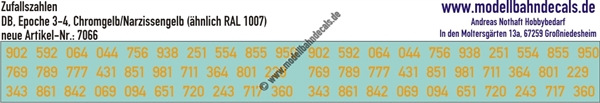 "Nass-Schiebebilder: 30 Ziffern-Sets (Zufallszahlen) 2-fach gross, Chromgelb bzw. Narzissengelb (ähnlich RAL 1007). Artikel-Nummer: 7066"