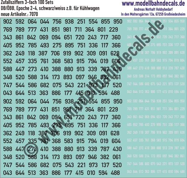 "Nass-Schiebebilder: 100 Ziffern-Sets (Zufallszahlen), 4-fach (2 gross Schwarz, 2 klein Weiss), Epoche 3 DB - z.B. für Kühlwagen. Artikel-Nummer: 7070"