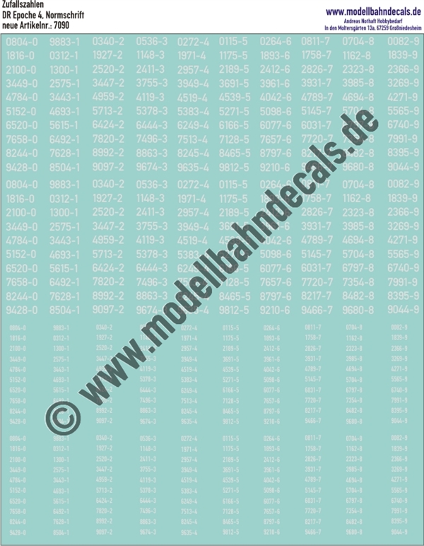 "Nass-Schiebebilder: 100 Ziffern-Sets (Zufallszahlen), 4-fach (2 gross, 2 klein) Weiss, Epoche 4 DR Normschrift. Artikel-Nummer: 7090"