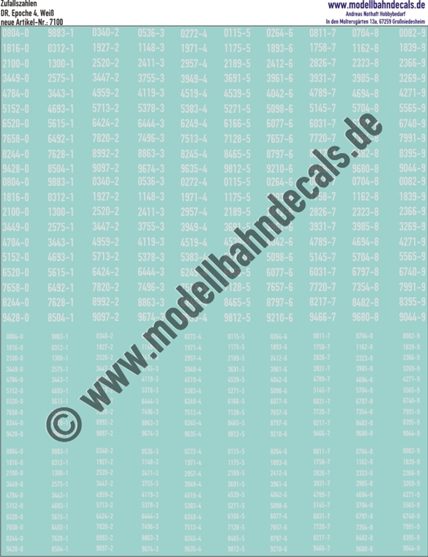 "Nass-Schiebebilder: 100 Ziffern-Sets (Zufallszahlen), 4-fach (2 gross, 2 klein) Weiss, Epoche 4 DR Engschrift. Artikel-Nummer: 7100"