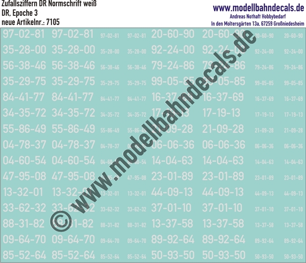 "Nass-Schiebebilder: 30 Ziffern-Sets (Zufallszahlen), 4-fach (2 gross, 2 klein) Weiss, Epoche 3 DR. Artikel-Nummer: 7105"